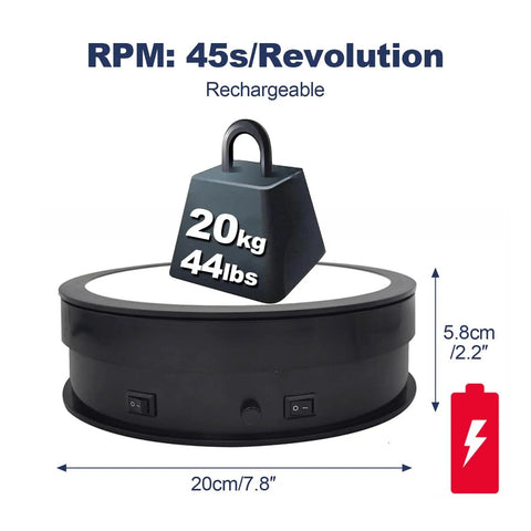 Premium Electric Rotating Display Stand With 360 Spin And Built In Lights For Jewelry Crystal Or Watch Showcase labeled with dimensions and capacity.