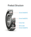 Cross-section view of a 3x8x3 mm deep groove ball bearing, chrome steel with blue rubber seal.
