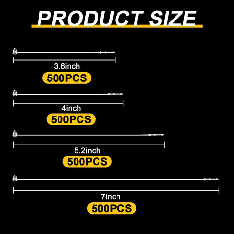 Top Shelf 2000 Piece Clear Plastic Hang Tag Fasteners With Snap Lock Security Links For Retail Shops Clothing And Accessories Merchandising That Delivers A No Sweat Display Setup Every Single Day product size chart showing 3.6, 4, 5.2, and 7 inch options.