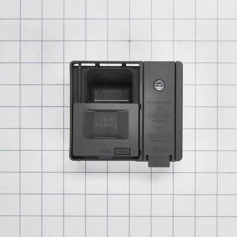 Detergent Dispenser Replacement For Laundry Machines OEM W10861000 front view on grid background, durable plastic, top load compatible