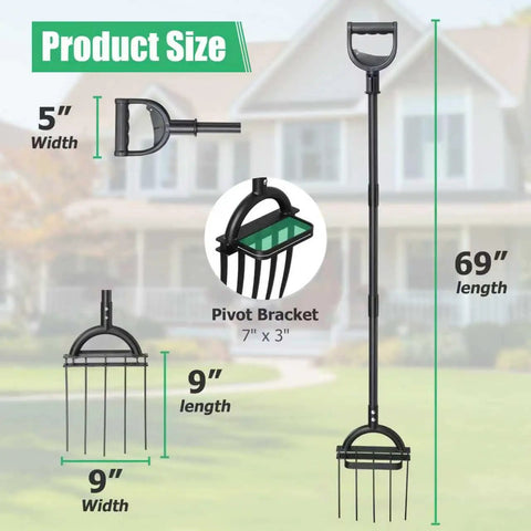Heavy Duty 5 Tine Garden Fork With D Grip Handle 69 Inch showing product dimensions and pivot bracket front view