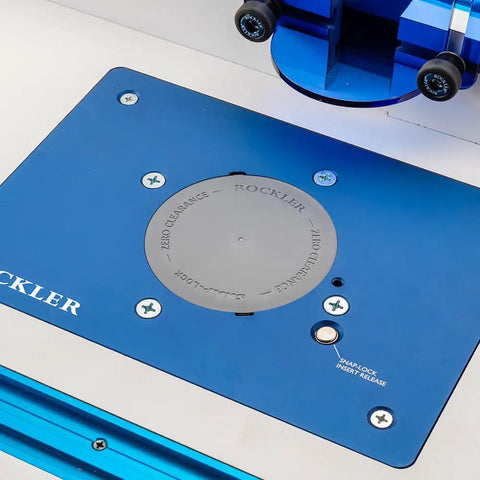 Premium Abs Plastic Router Table Insert Ring Set With Push Button Quick Release For Zero Clearance Fits Snap Lock Plates in a close-up view.