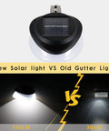 Comparison of New Six Pack 9 LED Solar Gutter Lights 100LM Output vs Old Gutter Light showing brightness differences