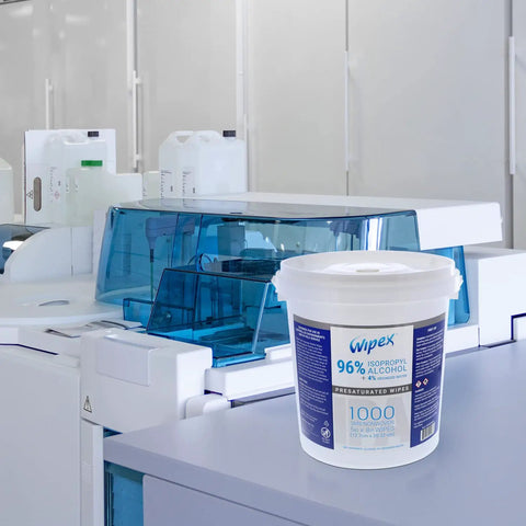 Premium 96 Percent Isopropyl Alcohol Wipes Bulk Pack Comes Packed With 1000 Lint Free SMS Cloth sanitizing rags in lab setting.