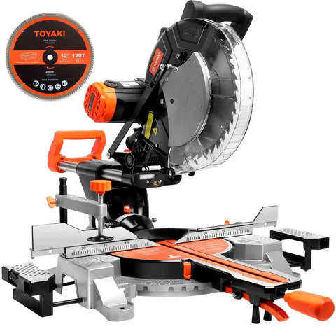 12 Inch Sliding Compound Dual Bevel Miter Saw With Laser Guide And LED Light Extension Table 15 Amp Power Beefy Cutting Capacity Includes 40T And 120T TCT Blades For Precise Smooth Cuts