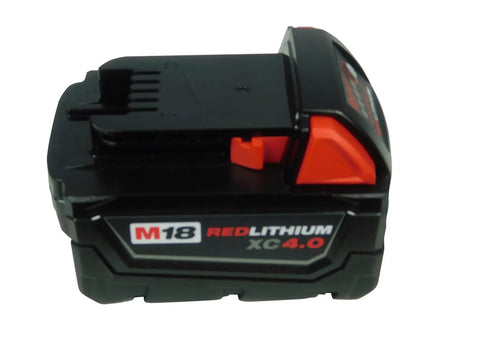 18-Volt M18 Red Lithium XC 4Ah Battery Pack With Onboard Charge Gauge, REDLINK Intelligence, side angle view