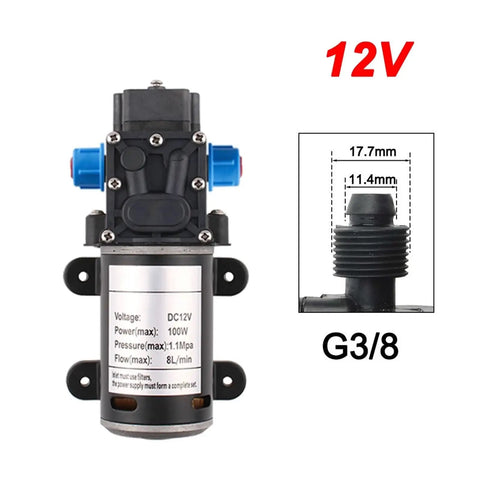 High Performance 12 Or 24 Volt 100 Watt Automatic Electric Diaphragm Water Pressure Pump With Self Priming Re Flow Design And Cooling Fan For Reliable Household Cleaning And Agricultural Spraying Tasks