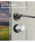Fuss Free Fingerprint Smart Lock Door Knob Handle With Lightning Fast AI Recognition And Instant Touch Access For Reliable Keyless Entry solid silver and black auto lock knob on a door.