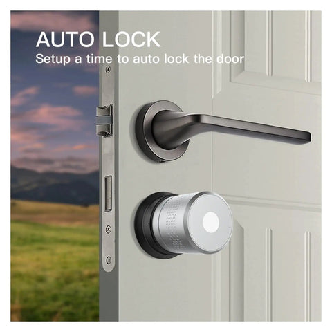 Fuss Free Fingerprint Smart Lock Door Knob Handle With Lightning Fast AI Recognition And Instant Touch Access For Reliable Keyless Entry solid silver and black auto lock knob on a door.