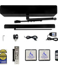 Wireless Swing Door Operator With Square Handicap Push Buttons And Built Tough Stainless Steel Electric Strike kit components, remote, and switches
