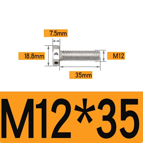 Side view of an M12x35 304 stainless steel hex bolt with through-hole for safety wire.