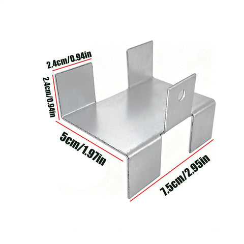 Four Piece No Drill Fence Brackets With Gravel Board Clips shown in close-up view, metal construction with dimensions.