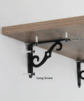 Heavy Duty Decorative Shelf Brackets 5 By 3.5 Inch Matte Black Metal Corner Supports Two Hundred Pounds, showcasing screw details.