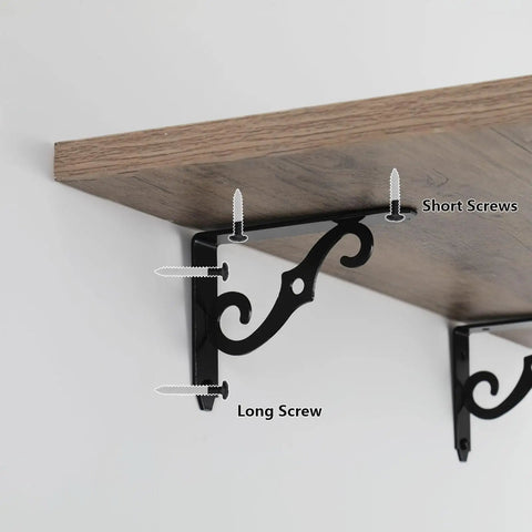 Heavy Duty Decorative Shelf Brackets 5 By 3.5 Inch Matte Black Metal Corner Supports Two Hundred Pounds, showcasing screw details.