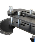 Close-up view of Built Tough 10 Ton Electric Hydraulic Pipe Bender tool setup showing die adjustment and angle gauge.