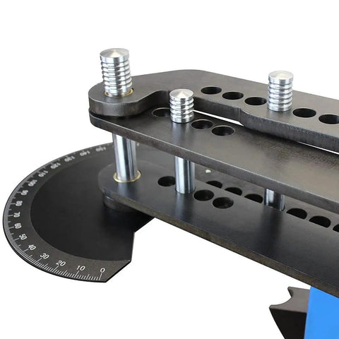 Close-up view of Built Tough 10 Ton Electric Hydraulic Pipe Bender tool setup showing die adjustment and angle gauge.