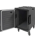 Insulated Food Pan Carrier 95 Qt Front Loading Hot Box For Catering open with rotomolded PE construction and four wheels