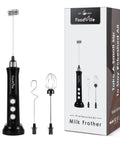 3-In-1 No-Fuss Rechargeable Milk Frother Handheld Foam Maker with Charging Stand Black Includes 3 Stainless Steel Whisks