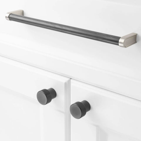 Knurled Black And Nickel Cabinet Pull Handle For Kitchen Cabinets And Dressers, One Piece Metal Pull With Eight Point Eight Inch Center To Center
