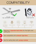 Compatibility chart for WiFi Smart Ceiling Fan Light Wall Switch With Remote Timer And Countdown Works With Alexa And Google Home Tuya Smart Life App Control No Hub Required Black 3 Gear Modes For Light And Fan Easy Install showing suitable fan types and requirements.