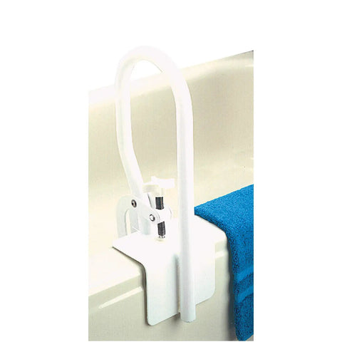 White Bathtub Rail With Wide Grip For Bathroom Safety, Shower Handle And Bathtub Bar Clamp attached to tub edge