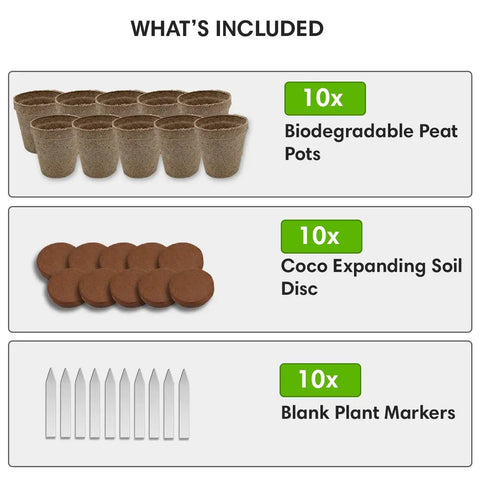 All In One Seedling Starter Kit With Biodegradable Peat Pots Coco Coir Soil Discs And Plant Markers For Easy Seed Germination Indoors Or Outdoors 10 Pack No Transplant Shock Organic Grow Kit contents showing 10 biodegradable peat pots, 10 coco coir discs, and 10 plant markers
