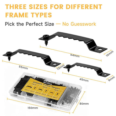 Sixty Piece Premium Sawtooth Picture Hangers With Matching Wall Screws And Utility Bag in three sizes for various frames.