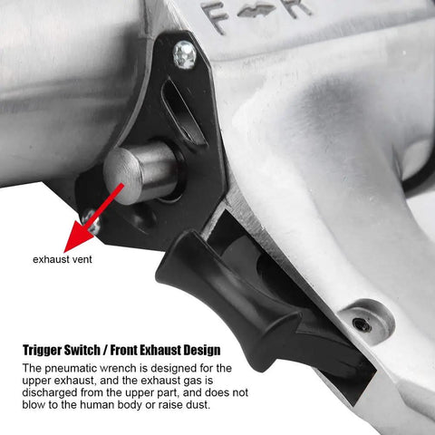 Rugged 1/2 Inch Drive Air Impact Wrench Pumping Out 350 Nm Max Torque showing trigger switch and exhaust vent for optimal air flow.