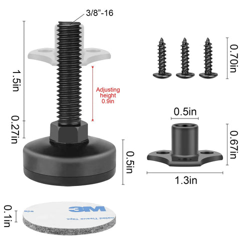 Heavy Duty Furniture Leveling Feet Set, 8 Pack Adjustable Table Leg Levelers With Large Base, dimensions and components shown