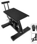 Beefy 400 Lb Motorcycle Jack Lift Stand With Adjustable Height Hydraulic Hoist Table in aviation-grade aluminum, side view.