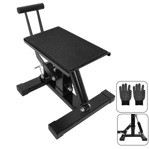 Beefy 400 Lb Motorcycle Jack Lift Stand With Adjustable Height Hydraulic Hoist Table in aviation-grade aluminum, side view.