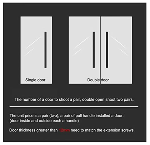 Diagram showing double-sided H-shaped sliding door handle for single and double doors with installation instructions.