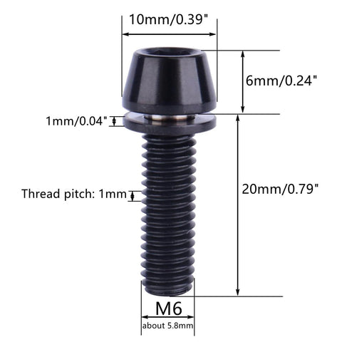 Titanium Allen Hex Tapered Head Bolts Set M6 X 16mm 18mm 20mm Black 6 Pack Grade 5 Titanium Alloy Fasteners diagram.