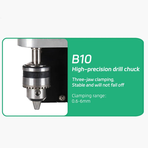 Small But Mighty Mini Drill Press Benchtop With 7 Adjustable Speeds 775 Motor B10 Chuck 110V Electric Table Drill For Metal And Woodworking Grind Ready Project Tool close-up of B10 chuck