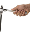 Hand holding extra long hex bit with three eighth inch drive for max torque, S2 tool steel and chrome vanadium sockets, six inch length.