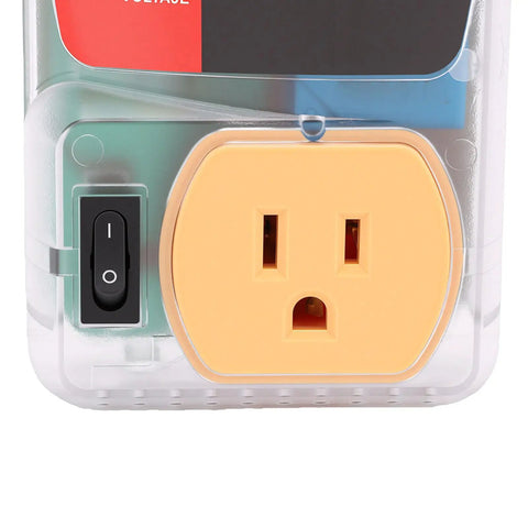 Heavy Duty Automatic Voltage Protector With Over And Under Voltage Cutoff Surge Shield For Fridge And AC And Home Electronics front view showing outlet and switch.