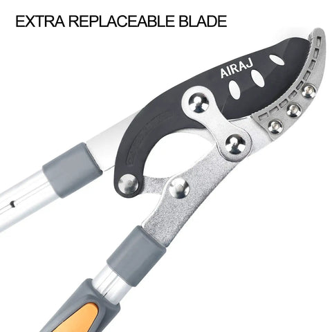 Close-up of Telescoping Loppers With 6 Speed Adjustable Aluminum Handle showing replaceable SK5 steel blade.