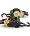 Beefed Up Retractable Transom Tie Down Strap for Boats Bolt On Design One Inch Wide By Five And A Half Feet Long One Thousand Five Hundred Pound Break Strength Durable Corrosion Resistant Gear To Lock Your Boat Down While Traveling, showing two hooks and strap mechanisms.