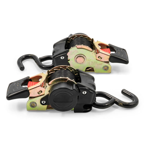Beefed Up Retractable Transom Tie Down Strap for Boats Bolt On Design One Inch Wide By Five And A Half Feet Long One Thousand Five Hundred Pound Break Strength Durable Corrosion Resistant Gear To Lock Your Boat Down While Traveling, showing two hooks and strap mechanisms.