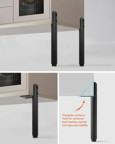 Game Changer Height Adjustable Cabinet Legs And Heavy Duty Furniture Support Feet Black Metal Dresser Risers securing cabinet with triangular reinforcement for stability.