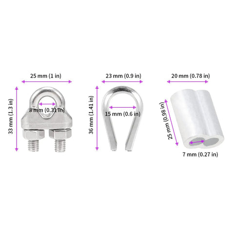 Beefy 60 Piece M6 One Quarter Inch Wire Rope Accessory Kit with 20 stainless steel cable clamps, thimbles, and aluminum crimp sleeves.