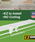 Expandable Closet Shelf And Hanging Rod System Adjustable From 17.5 To 27 Inches White Finish Holds Up To 200 Lbs Easy DIY Install Between Two Side Walls No Cutting Sturdy Space Saver Ideal Alternative To Wire Shelving, shown in an installation guide image with expandable feature highlighted.