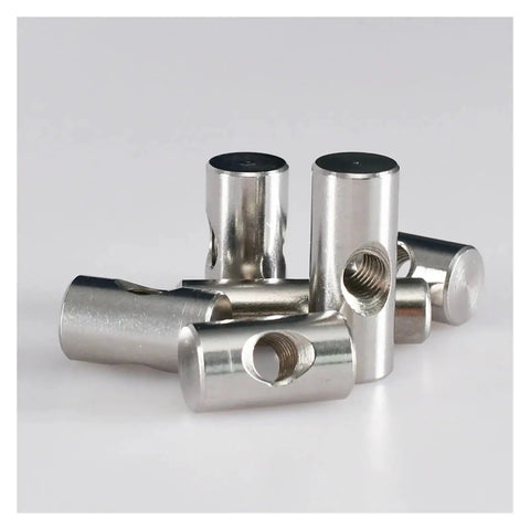 Barrel Nut Dowel Set M5 304 Stainless Steel For Furniture Construction with cross hole, 10-30mm nuts shown in a group
