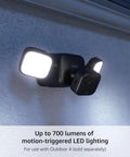 Outdoor Floodlight Mount for Wire Free Security Cameras 700 Lumens Two Year Battery Easy Setup in Minutes Motion Activated HD Lighting to Deter Break Ins and Keep Your Home Safe shown installed on wall.
