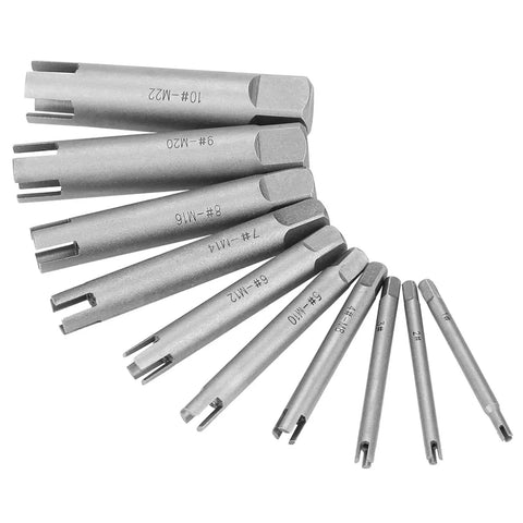 Tap Extractor Set 3 4 Flute Steel Broken Head Taps Remover, 10 Piece Set for Damaged Taps and Bolts, arranged side by side.