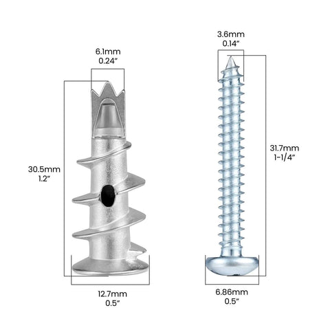 Dimensions of screws in Self Drilling Drywall Anchors Kit With 110 Pieces Hollow Zinc Sheetrock Anchors And Screws Heavy Duty 60Lb Capacity Includes Phillips Drive Bit And Handy Box For Quick Home Fixes.