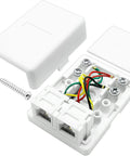 Dual Port Surface Mount Phone Jack Box Featuring Rock Solid Rj11 Terminals For Hassle Free Wall Wiring straight up easy install open with screw.