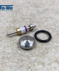 Close-up Waterjet on/off valve repair parts kit by Win-Win; valve stem with brass collar, white spacer, and black O-ring