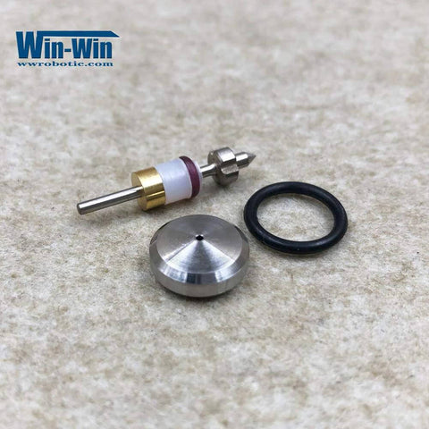 Close-up Waterjet on/off valve repair parts kit by Win-Win; valve stem with brass collar, white spacer, and black O-ring