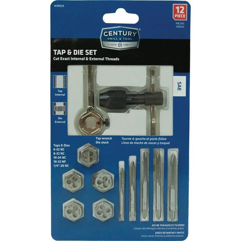 Pro-Grade 12-Piece Machine Screw and Fractional Tap and Die Set package with 5/8 inch T-Handle Tap Wrench